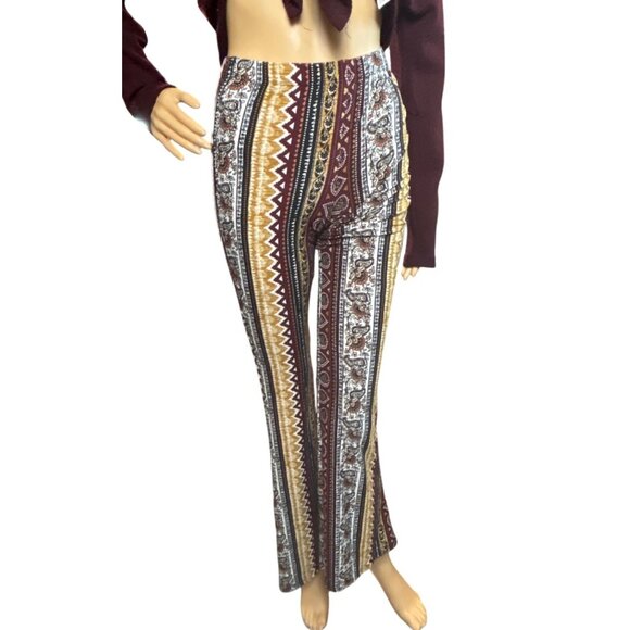 eyecandy Womens Flare Leg Pull On Pants Small Bohemian Print Festival Earthy - Picture 1 of 7